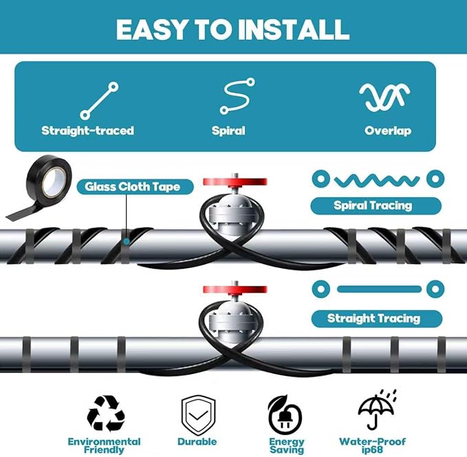 30FT Heat Tape for Water Pipes,Heating Cable for Pipe Freeze Protection,Water Pipe Insulation/Roof Snow De-Icing,Deicing Heating Cable,with Mounting Buckle (30FT)