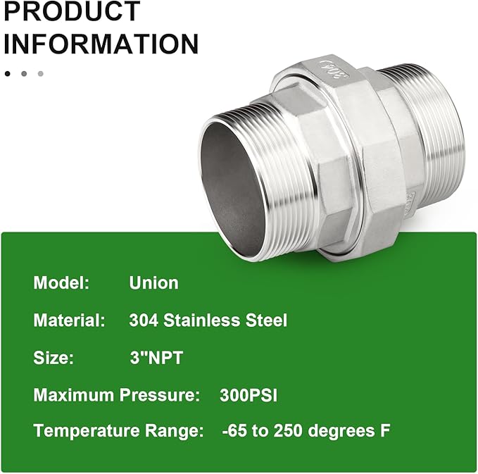 TAISHER 1PCS 304 Stainless Steel Union，3" NPT Male x 3" NPT Male Cast Pipe Fitting