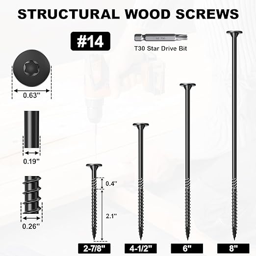 #14 Heavy-Duty Wood Screws, Star Drive Deck Screws, Rust Resistant Timber Screws for Timber/Log/Landscaping Wood (2-7/8 Inch,250Pcs,Black)
