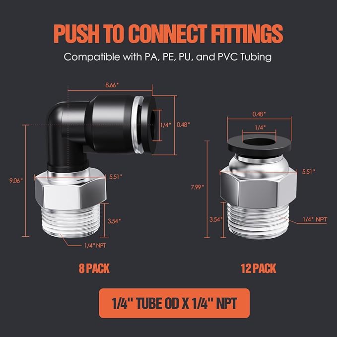 1/4"OD x 1/4"NPT Thread Push to Connect Fittings Kits - 20PCS Air Line Connectors with Straight, Elbow - Quick Connect Pneumatic Fittings, Push Lock Air Hose Fittings for Compressor, Air Tools, Tubing