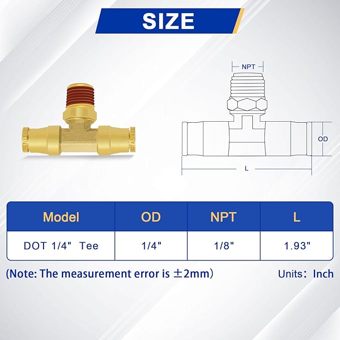 1/4“ DOT Air Line Quick Connect Fittings, 3PCS Brass Push to Connect Fittings 1/4" Tube OD × 1/8" NPT Tee Union to Male Pipe Swivel for Truck Trailers Air Brake System