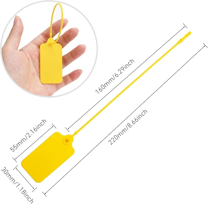 100 Yellow Blank Plastic Tags for Labeling Waterproof Hanging Labels Writable Tags Seal Plastic Marking Label for Clothes Bags Keys Inventory with One Marker Pen