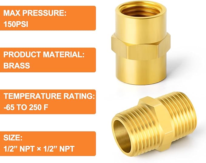 GASHER 24PCS Brass Pipe Fitting, Hex Nipple Brass Hex Coupler, 1/2" x 1/2" NPT Male Thread Pipe, 1/2Inch x 1/2Inch NPT Female Thread Pipe