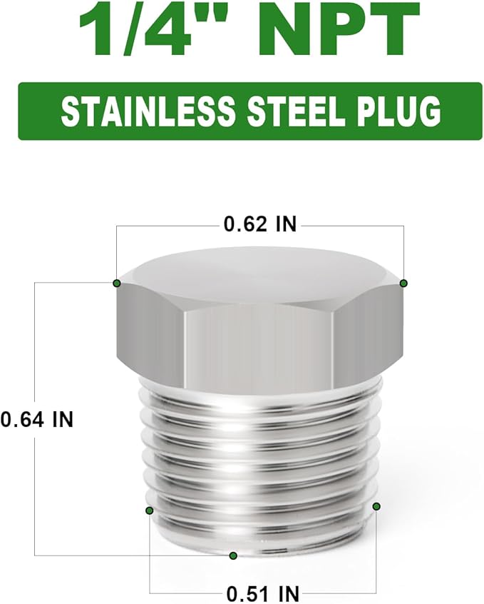 TAISHER 2PCS Stainless Steel Outer Hex Thread Socket Pipe Plug Fitting 1/4" NPT Male