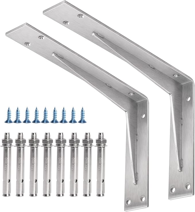 YUMORE Shelf Bracket Heavy Duty 12x8x2 in, 1/5IN Extra Thick Solid L Brackets Stainless Steel Countertop Bar Top Support Brackets Wall Mounted, Includes Hardware, 2 Pack