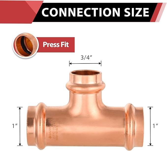 (Pack of 5) EFIELD 1" x 1" x 3/4" Copper Press Fit Tee Copper Fitting For Copper Tube Connection, LBP Design,(PRESS010)