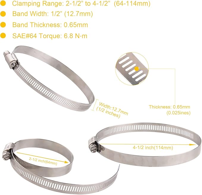 Winlong 3 Inch Stainless Steel Hose Clamps, 8PK SAE 64 4'' Worm Gear Drive Hose Clamps 2 1/2’’-4 1/2’’(64-114mm) for Automotive Plumbing, 2 3/4'', 3'', 3 1/2’’, 3 3/4'' Clamps