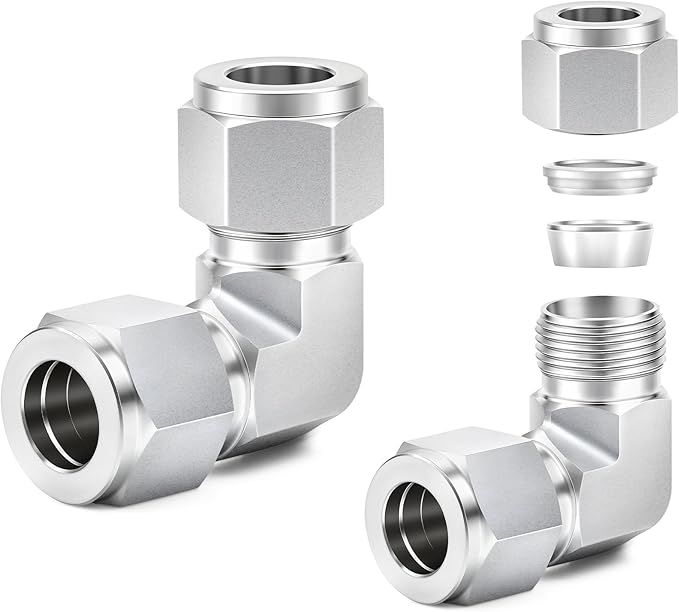 ChillWaves 304 Stainless Steel Compression Tube Fitting, 3/8" OD x 3/8" OD 90 Degree Elbow Compression Union Connector(2-PACK)
