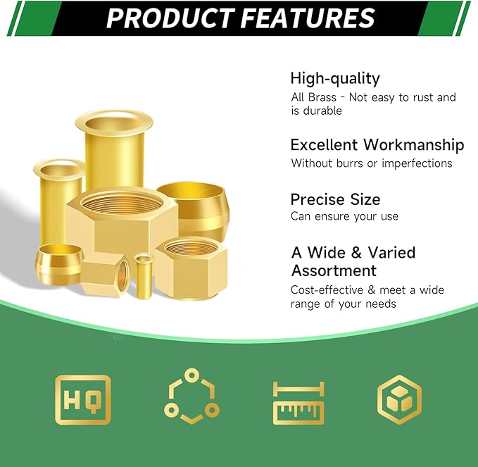 280pcs 1/2" 3/8" 5/16" 1/4" 3/16" 1/8" Brass Compression Sleeves Ferrules Inserts Nuts Fittings Assortment Kit, 6 Sizes Hose Repair Kit of Air Water Fuel Oil Gas Tube Lines