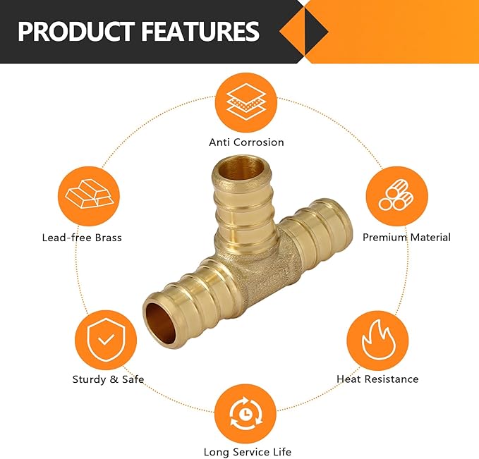 HeSun 20-Pack PEX Fittings, 1/2"x1/2"x1/2" Pex Tee, Brass Crimp Fitting for Pex Pipes, ASTM F1807