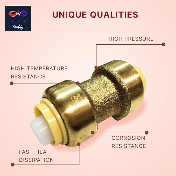 Fittings 1/2 Inch Pushfit Straight Coupling - 1/2" x 1/2" PEX Brass Push-fit Coupling - Push-to-Connect Plumbing Fittings for PEX Copper CPVC (Pack of 10)