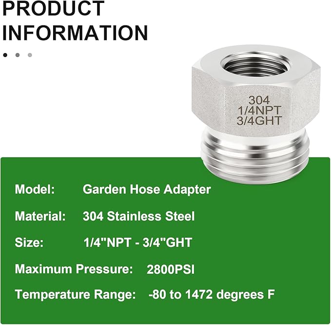 TAISHER 2PCS 304 Stainless Steel Garden Hose Adapter, Hex Bushing 3/4" GHT Male x 1/4" NPT Female Garden Hose Connector