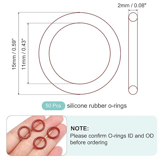 MECCANIXITY Silicone O-Ring 11mm ID 15mm OD 2mm Width Metric VMQ Sealing Gasket Replacement 50A Durometer for Plumbing Compressor Faucets Valves Repair (Red, Pack of 50)