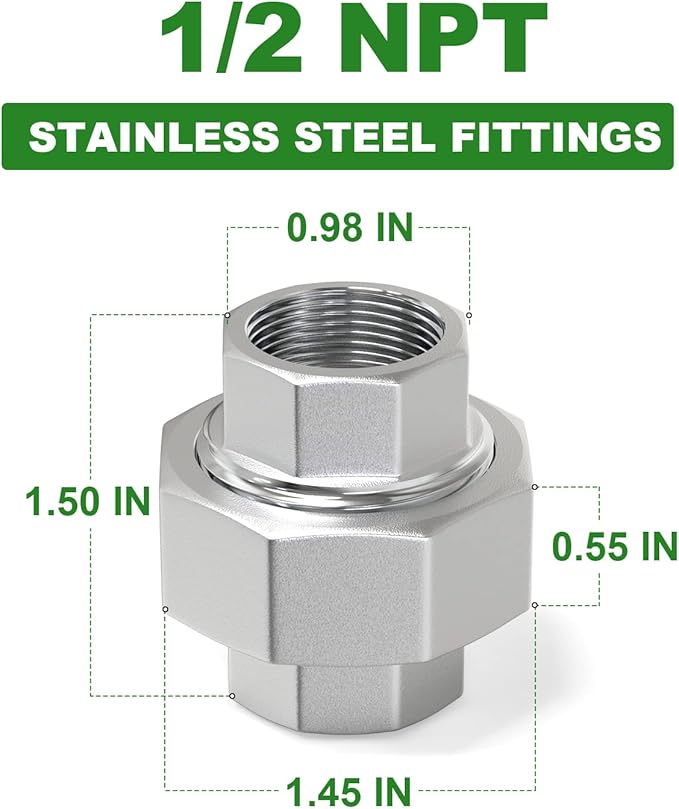 TAISHER 2PCS 304 Stainless Steel Union，1/2" NPT Female Cast Pipe Fitting