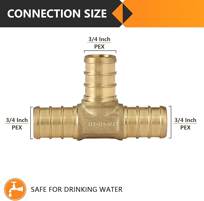 100-Pack HeSun PEX Fittings, 3/4"x3/4"x3/4" Pex Tee, Brass Crimp Fitting for Pex Pipes, ASTM F1807(PEX1807071-100)