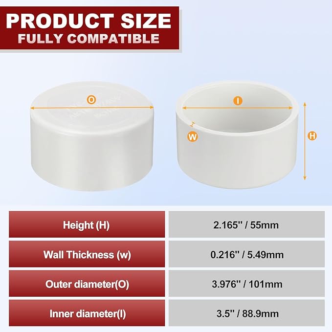 2 Pcs 3" PVC External End Cap Fitting, SCH40 Furniture Grade PVC Pipe Plug Adapter, Pipe Cover Fittings for DIY Project, Irrigation System, Plumbing Framework, Garden Structures