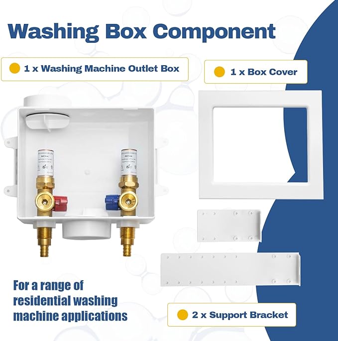 50-PACK GUOFIS Washing Machine Outlet Box with Copper Water Hammer Arrestor, PEX Laundry Washer Box with Central and Side Drain Design(1/2"PEX Crimp Connection Inlet X 3/4"MHT Outlet)(WM012-50Pack)