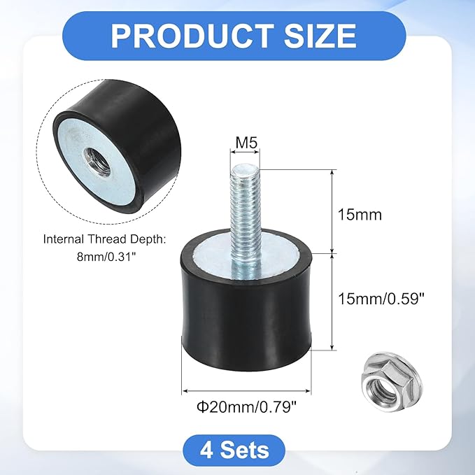 uxcell M5 Rubber Mounts, 4Pcs 20x15mm(DxH) Rubber Cylindrical Anti Vibration Isolator Shock Absorber with Lock Nut for Car Bobbin Generator Air Compressors