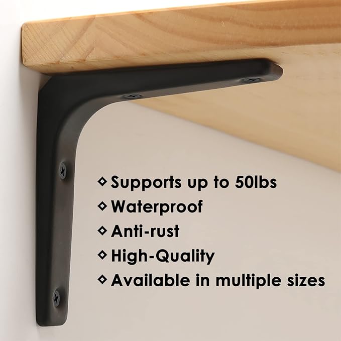 SAYAYO Black Shelf Bracket, 4 x 4 Inch Heavy Duty Iron Bracket Hanging Angle Brackets Shelf Support, 6 PCS