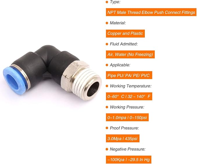 CEKER 1/2 Elbow Male Airlines Push Fittings 90 Degree Push to Connect Fittings Air Fittings, PL 12MM Tubing Od x 1/2" Npt Thread Pneumatic Push In Connectors Quick Connect Tube Fittings 5Packs