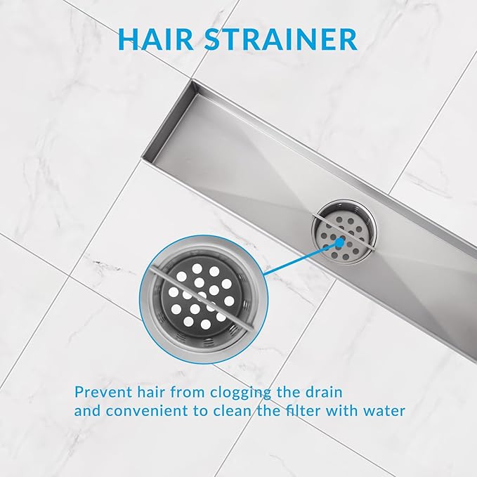 28 Inch Removable Cover Linear Shower Drain 304 Stainless Steel Rectangular Floor Drain for Kitchen Bathroom Square Hole Pattern Drain with Accessories Hair Strainer Adjustable Leveling Feet (Silver)