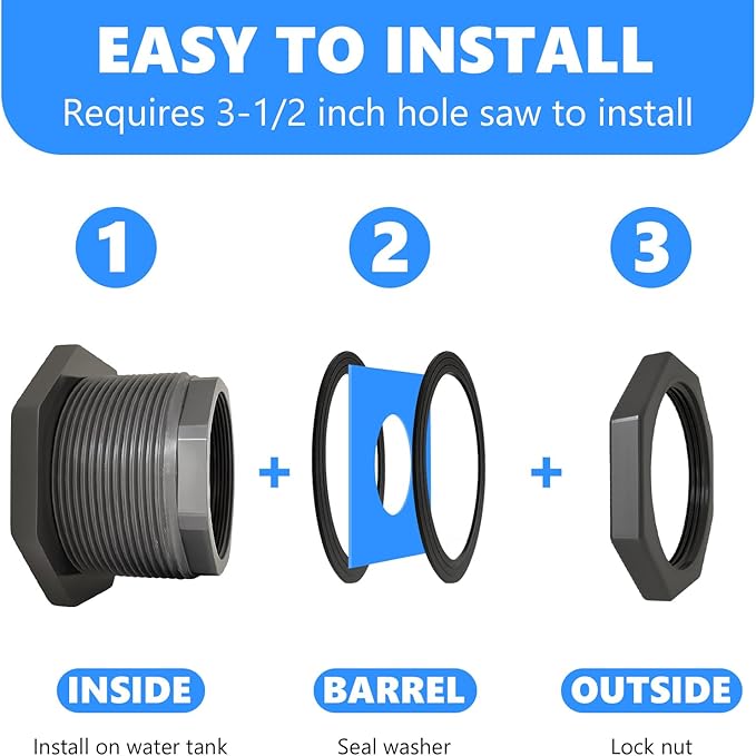 Bulkhead Fitting 2 Inch PVC - Heavy-Duty Plumbing Kit for Water Tank, Aquariums, Rain Barrels & Pools with Reinforced Seals (2 Inch)