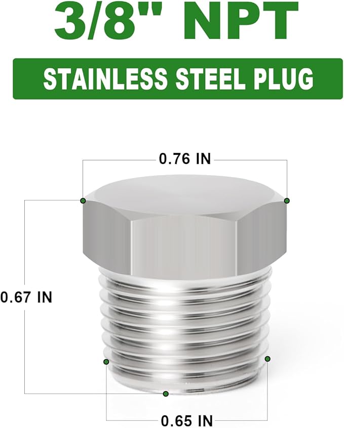 TAISHER 5PCS Stainless Steel Outer Hex Thread Socket Pipe Plug Fitting 3/8" NPT Male
