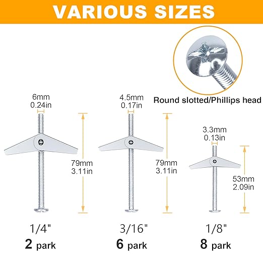 KURUI Drywall Anchors Assortment Kit With Self Drilling Wall Anchors and Heavy Duty Toggle Bolts, Metal/Plastic Dry Wall Anchors for Hanging Picture Art, 164Pcs Butterfly Anchor and Screws for Ceiling