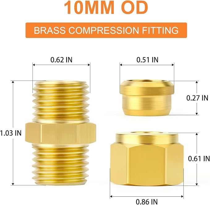 GASHER 10PCS Brass Compression Tube Pipe Fitting Connector, 10mm Tube OD Connector