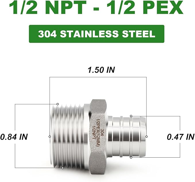 TAISHER 5PCS 304 Stainless Steel Pex Fittings,1/2" Pex x 1/2" NPT Male,1/2" Pex Fitting With 5PCS Hose Clamp For Pex Tubing Pipe