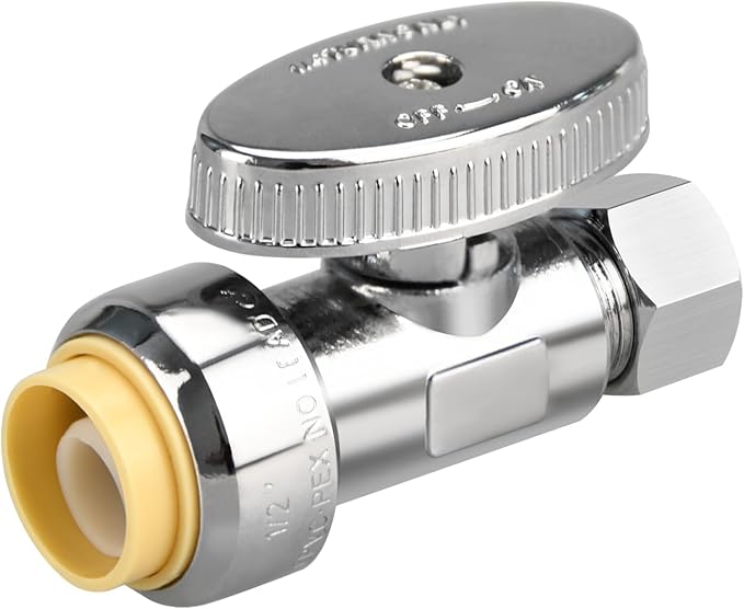 Stop Valves, 1/2" × 3/8" Straight Stop Valve, 1/2" PTC Input, 3/8" OD Compression Output, Push to Connect, 1/4 Turn, Chrome Plated Brass for Faucet, Toilet Valves, No Lead