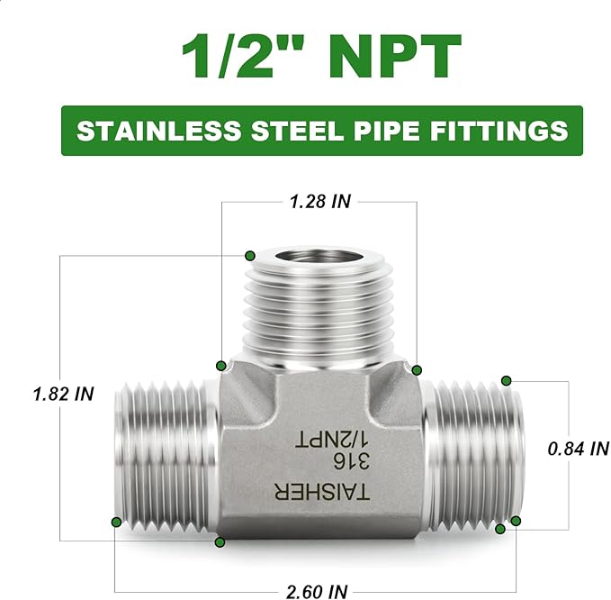 TAISHER 1PCS Forging of 316L Stainless Steel Tee Pipe Fittings, 1/2" x 1/2" x 1/2" NPT Male Pipe Fittings