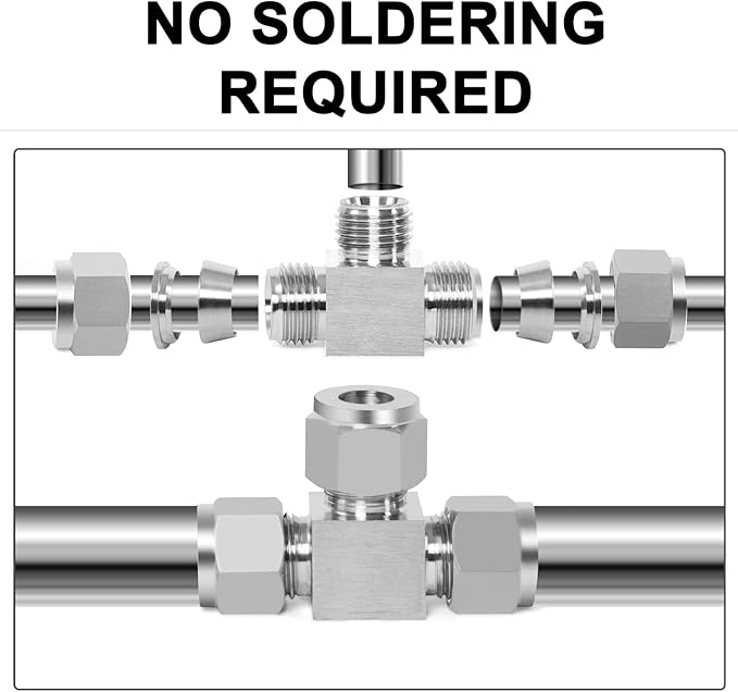 ChillWaves 304 Stainless Steel Tee Compression Tube Fitting, 3/8" OD x 3/8" OD x 3/8" OD Compression Union Connector(2-PACK)