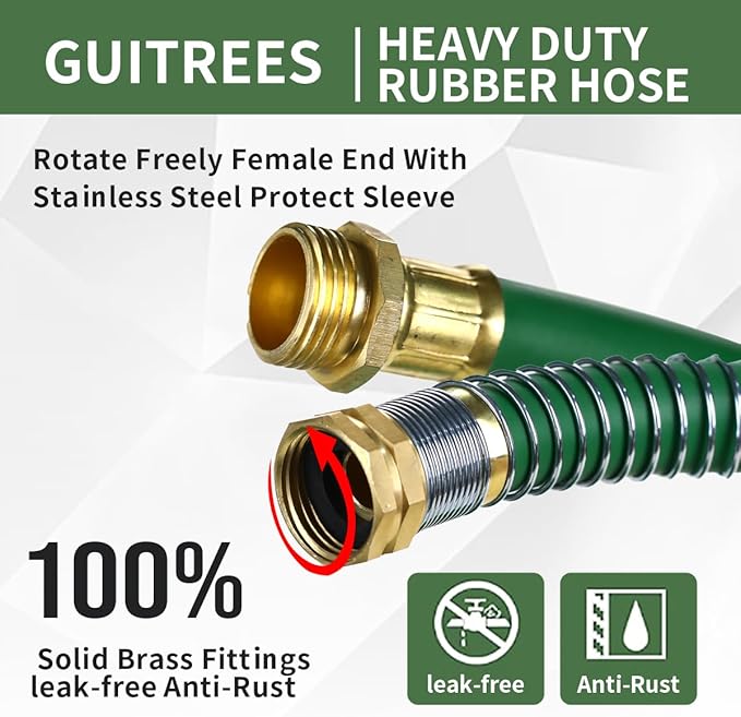 75FT 5/8 Heavy Duty Rubber Garden Hose - 200psi Working, 1000psi Burst - Hot/Cold Water - Five-Layered Braiding for Durability - Versatile for Gardening, Agriculture, Construction(Green)