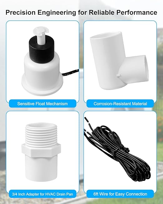 SS2 Float Switch L Shape Compatible with Safe-T-Switch, AC Float Switch for HVAC Drain Pan Condensate Outlet, AC Water Level Switch with 3/4 Inch Adapter 6Ft Wire and Tape, 4 Pack