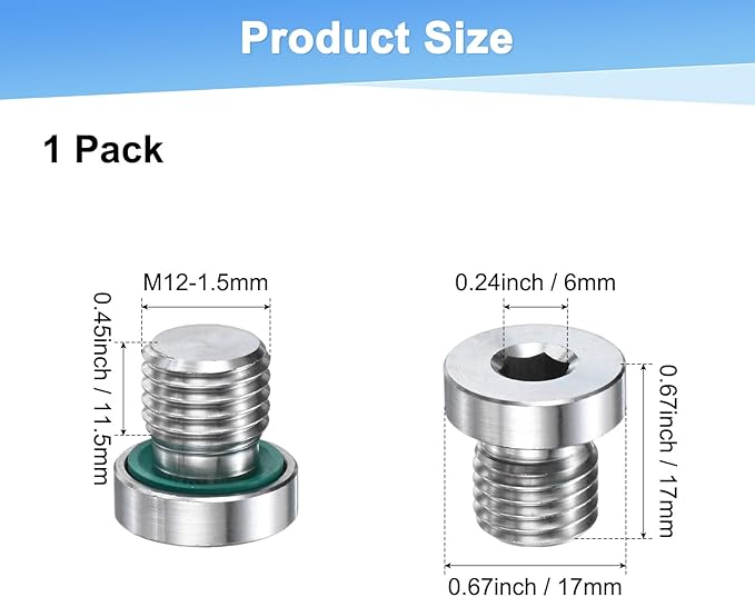 2-Pack Inner Hex Head Pipe Fitting Plug, M12x1.5mm 304 Stainless Steel Socket Bung Plug with Fluorine Sealing Ring for Terminate Pipe Ends/Replacement Drains