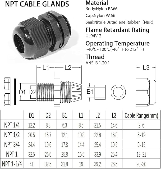 PENGLIN Cable Glands 1/4" NPT Nylon Cable Connector, Strain Relief Cord Connector, IP68 Waterproof Adjustable Locknut (1/4 Inch (10-Pack))