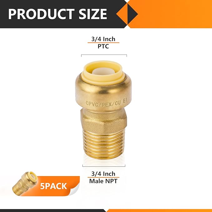 HeSun 5-Pack Pushfit Male Adapter, 3/4" MNPT x 3/4" Push to Connect Plumbing Fittings with Disconnect Clip, Brass Push-fit Fittings for PEX, Copper, CPVC, PE-RT Pipes