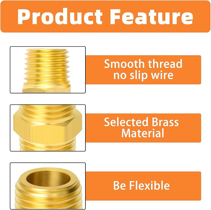GASHER 4PCS Metals Brass Pipe Fitting, Hex Nipple Brass Hex Coupler, 3/8" x 3/8" NPT Male Thread Pipe, 3/8 Inch x 3/8 Inch NPT Female Thread Pipe