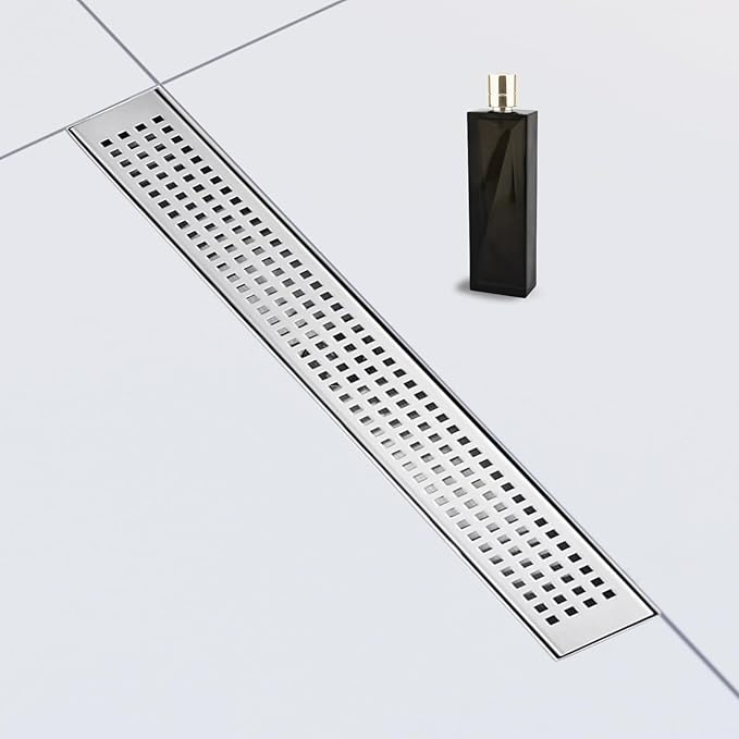 24 Inch Removable Cover Linear Shower Drain 304 Stainless Steel Rectangular Floor Drain for Kitchen Bathroom Square Hole Pattern Drain with Accessories Hair Strainer Adjustable Leveling Feet (Silver)