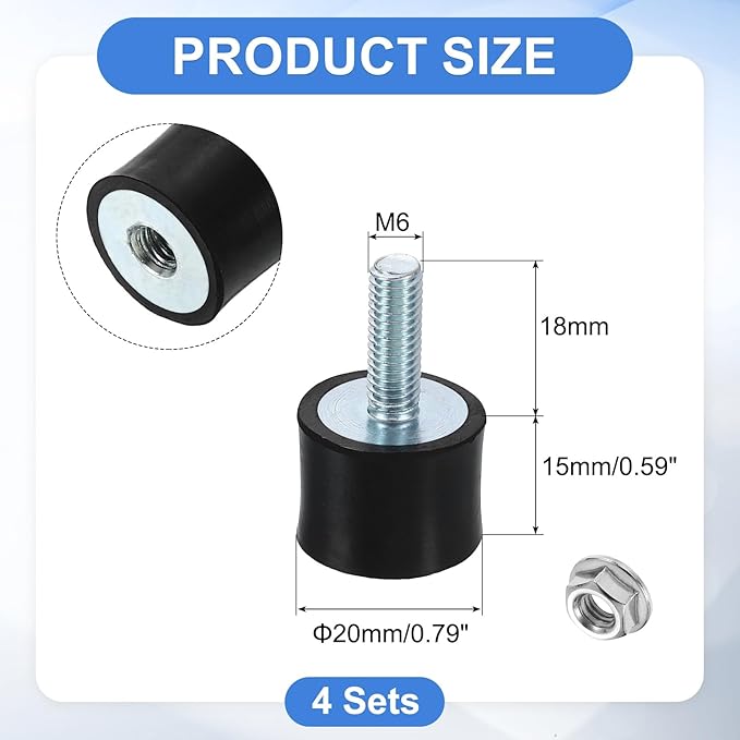 uxcell M6 Rubber Mounts, 4Pcs 20x15mm(DxH) Rubber Cylindrical Anti Vibration Isolator Shock Absorber with Lock Nut for Car Bobbin Generator Air Compressors