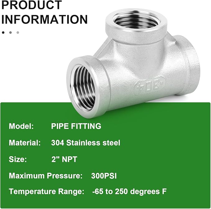 TAISHER 1PCS 304 Stainless Steel Tee Pipe Fittings, 2" x 2" x 2" NPT Female Pipe Fittings