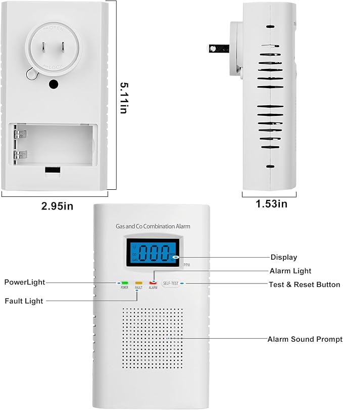 Combination Gas & Carbon Monoxide Detectors - Plug in Carbon Monoxide Alarm & Natural Gas Detector for Home, 2-in-1 Co Detector & Combustible Gas Detector with Digital Display, Easy to Install