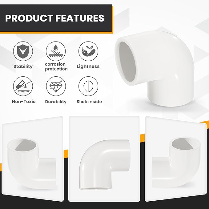1-1/2" 10 Pcs 90 Degree Elbow Pipe Fittings (Socket x Socket), Heavy Duty 2 Way Right Angle Pipe Fitting for DIY Creations, Schedule 40 PVC Coupling Adapter.