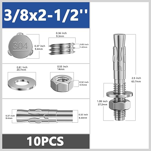 10Pcs 3/8x2-1/2 Inch Standard Fasteners for Heavy-Duty 304 Stainless Steel Wedge Anchors for Cement and Concrete