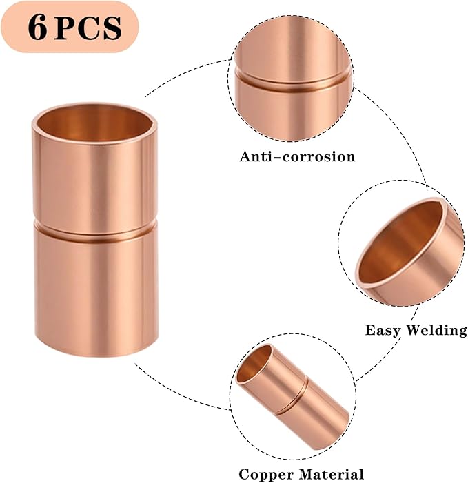 Straight Copper Coupling Fittings, 3/8 Inch Copper Pipe Welding Joint Connector Adapter for HVAC Air Conditioner, Sweat End Pipe Fitting with Rolled Tube Stop, Pack of 6