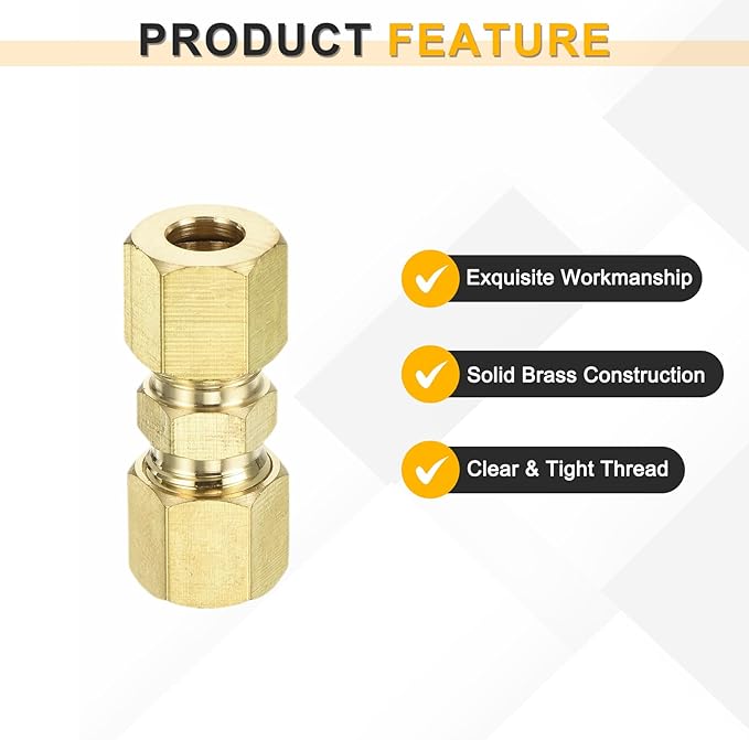 uxcell 3Pcs Brass Compression Tube Fitting, 1/4" Tube OD x 1/4" Tube OD Connector Straight Coupling Adapter Union Fittings
