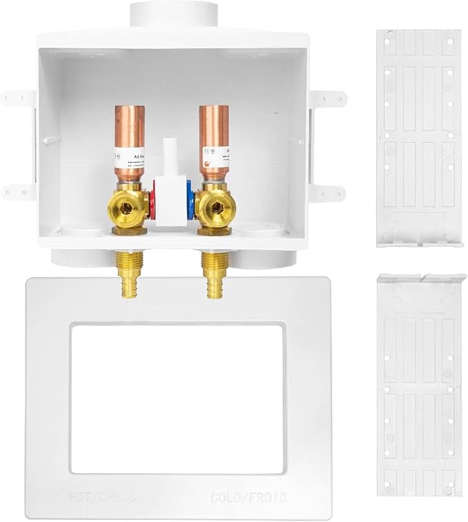 Washing Machine Outlet Box, Double Drains, Single Lever, 1/2 Inch Pex Crimp Inlet x 3/4 Inch MHT Outlet Connection, with Copper Water Hammer Arrestor(WM016)