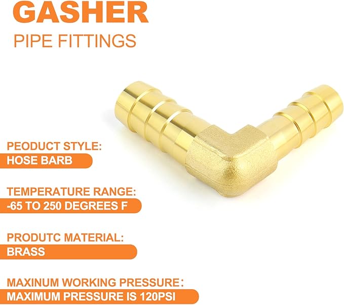 GASHER 10 Pieces Brass Hose Barb Reducer, 3/8 Inch to 5/16 Inch ID 90 Degree L Right Angle Elbow With 20 Hose Clamps, Reducer Splicer Fitting for Fuel/Air/Water/Oil/Gas/WOG