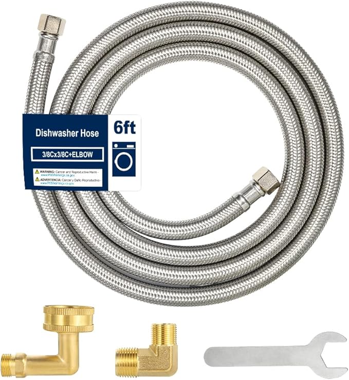 6FT Dishwasher Hose with Elbow – Stainless Steel Braided Supply Line, 3/8" Compression to 3/8" Elbow, Universal Fit, Burst Proof, NSF/Lead-Free Certified, 10-Year Warranty